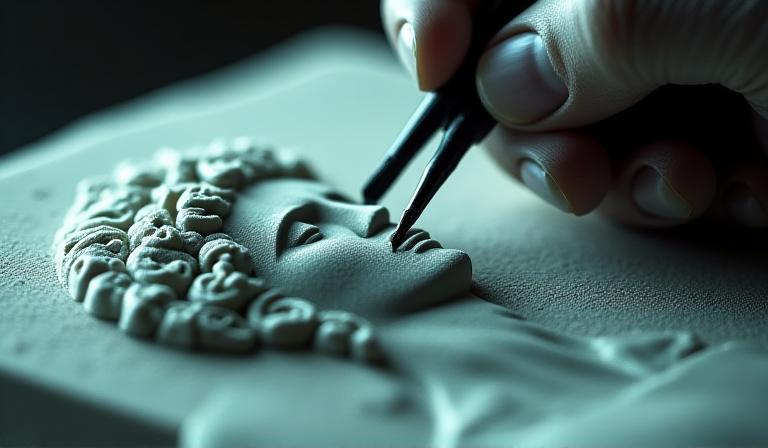 Close up of artisanal tools carving a mythological sculptural piece