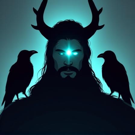 Stylized portrait of Odin with ravens in dark blue and teal