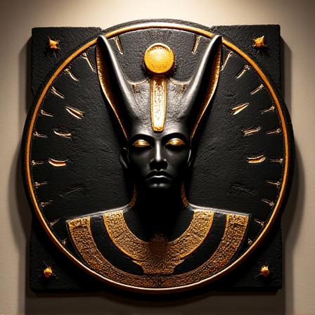 Golden Egyptian sculptural piece of Ra with sun disk