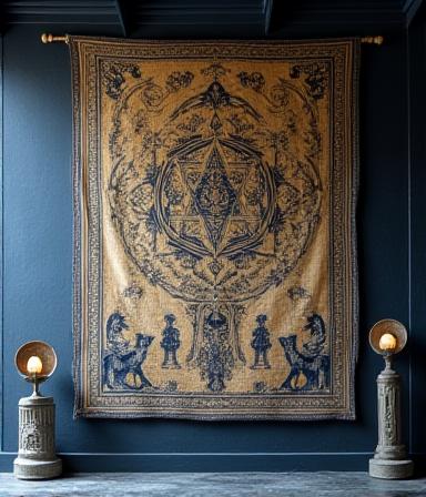 Ancient motif tapestry hanging on a dark stone wall with soft blue backlighting