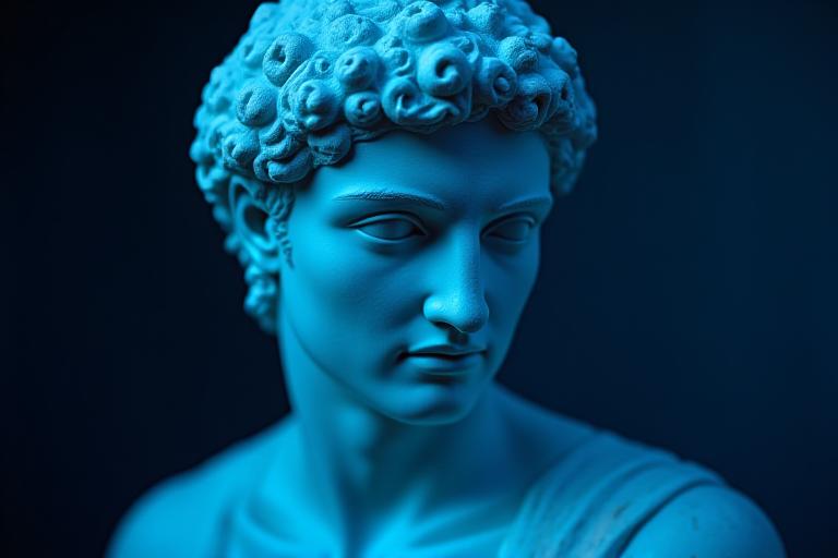 Golden bust of an ancient deity reflecting neon lights