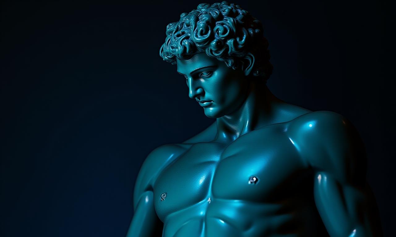 Artisanal deity sculpture with neon cyan highlights and deep shadows